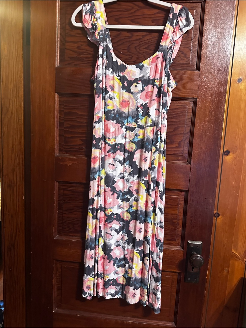 LOFT Floral Scoop-Neck Midi Dress in Pink, Black & Yellow